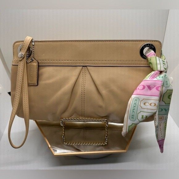 Coach Handbags - Coach Tan Kyra Leather wristlet with Pink & Green Scarf and Removable strap